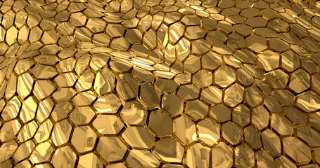 Naklejka premium Abstract energy metal gold shiny cells hexagons with waves background