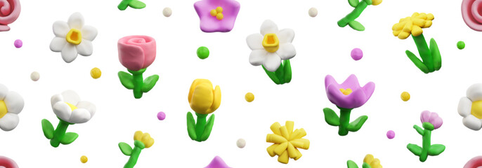Seamless pattern with plasticine spring flowers, vector 3D clay texture blossom tulip, chamomile, daffodil with leaves