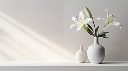 Beautiful minimalist floral arrangement. White lilies in a ceramic vase against a blank wall. Wedding flower background with room for copy. Horizontal banner template.