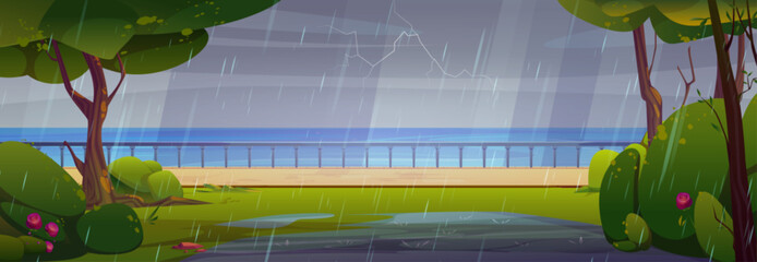 Cartoon storm and rain landscape with sea or river skyline and city park on waterfront street with puddles on green grass and trees, pathway and handrail, under falling rainy drops and lightning.