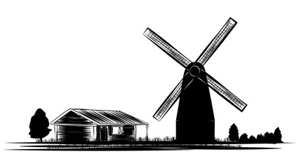 Set of silhouette scenes from farm life with barn and windmill isolated on white background. Rural clipart. - obrazy, fototapety, plakaty