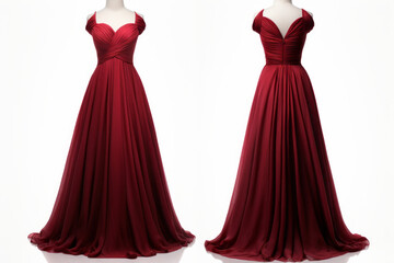 An elegant burgundy formal dress shown from both the front and back isolated over a white background