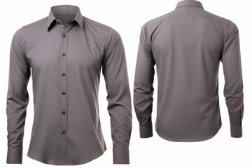 A gray dress shirt shown from both the front and back isolated over a white background, copy space clothing