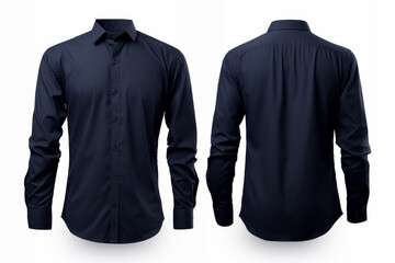 A dark blue dress shirt, shown from both the front and back isolated over a white background, copy space clothing