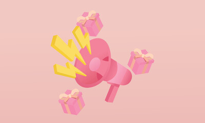 3d Mega sale. A prize-winning event. The concept of a loudspeaker with flying gifts.on pastel background.3d handmade.3d vector icon for technology,business illustration.