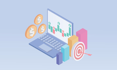 3d online trading with laptop. Notebook using funding business graph on computer with money coin concept.on pastel background.3d handmade.3d goal for business, bank, finance, investment, money.