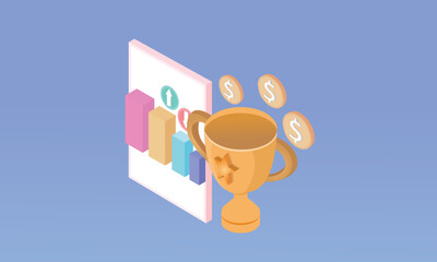 3d mobile phone funding business graph with prize, gold winners stars for trading smartphone. Graph growing business concept for finance, business investment.on pastel background.3d handmade.