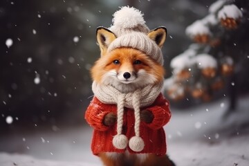 Cute happy fox in winter wearing christmas and warm cloth comeliness