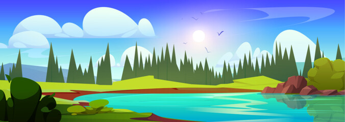 Fototapeta na wymiar Summer valley with lake and fir tree forest. Vector cartoon illustration of beautiful spring landscape, blue water in mountain river, green grass and bushes on hills, sun shining bright in blue sky