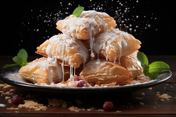 Crispy roti dessert sprinkled with sugar and mint leaf in black dish on wooden table.