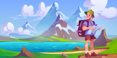 Obraz na płótnie Canvas Male tourist with hiking backpack and map in hands stands by lake at foot of mountains with snowy peaks. Cartoon landscape for active outdoors recreation and adventure concept with young hiker man.