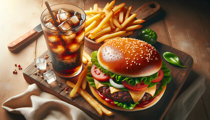 Homemade hamburger, French fries, and cola - obrazy, fototapety, plakaty