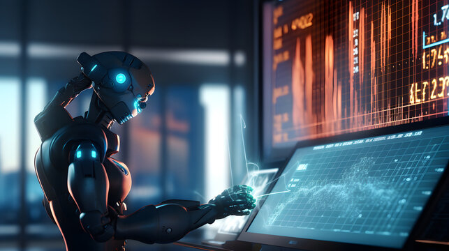 AI Robot arm analyzing mathematics for automated innovation manufacturing process.Concept of robotics virtual technology and machine learning or future mechanized industry problem solv. Generative Ai.