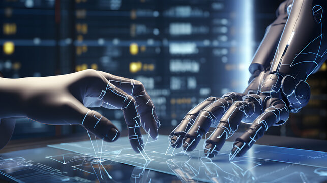 AI Robot arm analyzing mathematics for automated innovation manufacturing process.Concept of robotics virtual technology and machine learning or future mechanized industry problem solv. Generative Ai.