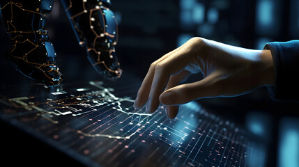 AI Robot arm analyzing mathematics for automated innovation manufacturing process.Concept of robotics virtual technology and machine learning or future mechanized industry problem solv. Generative Ai.
