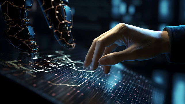 AI Robot arm analyzing mathematics for automated innovation manufacturing process.Concept of robotics virtual technology and machine learning or future mechanized industry problem solv. Generative Ai. - Powered by Adobe