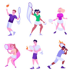Set of vector cartoon tennis players with racket and ball, Burning rackets and balls, motion lines, workout illustration