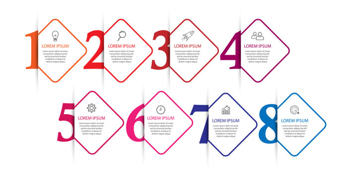 Simple infographic eight parts or options. thin line design with icons, text, number. used for process diagrams, workflow layouts, flowcharts, infographics, 
and your presentations