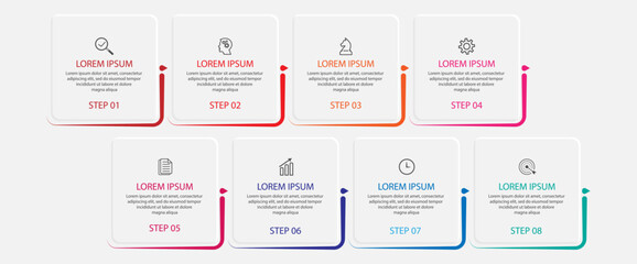 Simple infographic eight parts or options. thin line design with icons, text, number. used for process diagrams, workflow layouts, flowcharts, infographics, 
and your presentations