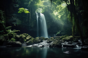 Fototapeta na wymiar a forest river surrounded by lush plants,