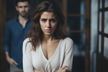 Fototapeta premium portrait of offended sad woman ignoring her her husband