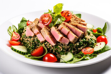 Tender pieces of tuna seared to a golden crust on top of fluffy quinoa layers