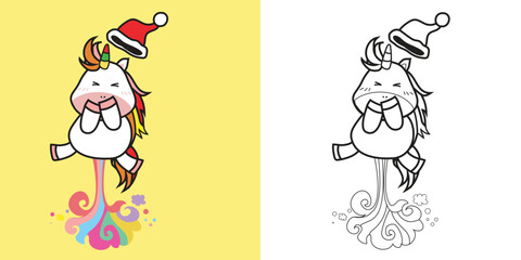 Obraz na płótnie Canvas Cute and kawaii cartoon unicorn coloring page in Christmas edition. Coloring cute unicorn jumping happily worksheet. Coloring activity with Xmas theme. Printable educational coloring worksheet. Vector