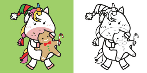 Cute and kawaii cartoon unicorn coloring page in Christmas edition. Coloring cute unicorn eating gingerbread worksheet. Coloring activity with Xmas theme. Printable educational coloring page. Vector