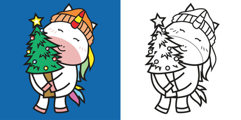 Cute and kawaii cartoon unicorn coloring page in Christmas edition. Coloring cute unicorn holding Christmas tree worksheet. Coloring activity with Xmas theme. Printable educational coloring page. Vect