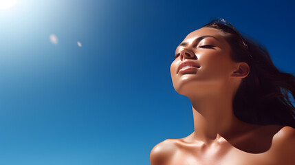 Beautiful caucasian woman with healthy perfect face skin enjoying sunbathing - obrazy, fototapety, plakaty