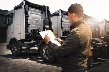 Truck Drivers Holding A Clipboard Checking Truck Wheels Tires. Maintenance Checklist. Truck Inspection Safety Driving. Freight Truck Transport.	