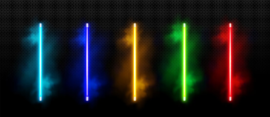Neon led tubes set isolated on transparent background. Vector realistic illustration of turquoise, blue, yellow, green, red bar lamps glowing in smoke, night club design element, party decoration - obrazy, fototapety, plakaty