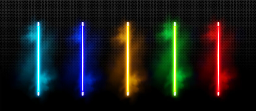 Neon led tubes set isolated on transparent background. Vector realistic illustration of turquoise, blue, yellow, green, red bar lamps glowing in smoke, night club design element, party decoration
