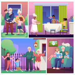 Set of scenes with grandparents and children flat style, vector illustration