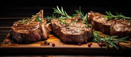 Seasoned lamb steaks on a wooden surface.