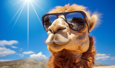 Portrait of a camel wearing sunglasses on a background of blue sky.