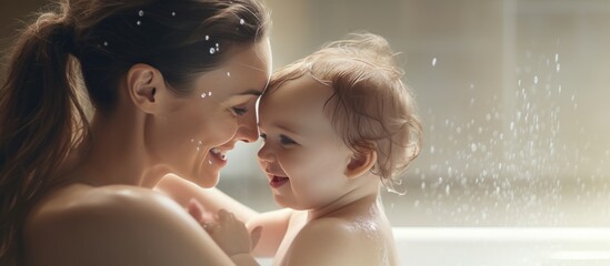 Mother and baby bonding, mommy and infant taking a bath, family relationship concept, wide-shot web banner
