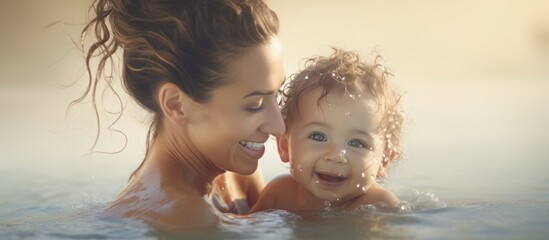 Mother and baby bonding, mommy and infant taking a bath, family relationship concept, wide-shot web banner