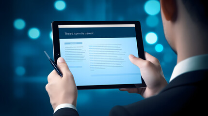 Fototapeta na wymiar Business performance monitoring concept, businessman using tablet and laptop Online survey filling out, digital form checklist, blue background. Generative Ai.