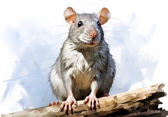 Picture draw by watercolor of grey rat (mouse) on white background. Realistic animal clipart template pattern. For fabric texture design. work of art. Background Abstract Texture.