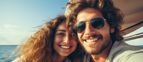 Loving couple on a sailboat, taking a summer vacation selfie.