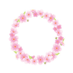 Wreath of pink cherry flowers Isolated on white background. Empty place for your text. Vector spring cartoon illustration. Floral round frame.