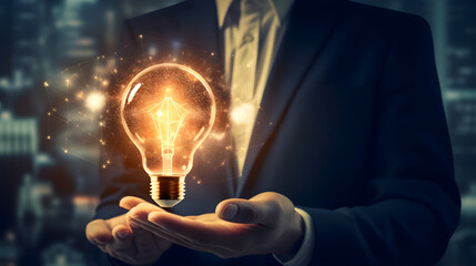 Businessman hand holding creative light bulb with industry network,analysis solution and development marketing network icons planning strategy, Modern business, Innovative of new ideas. Generative Ai.