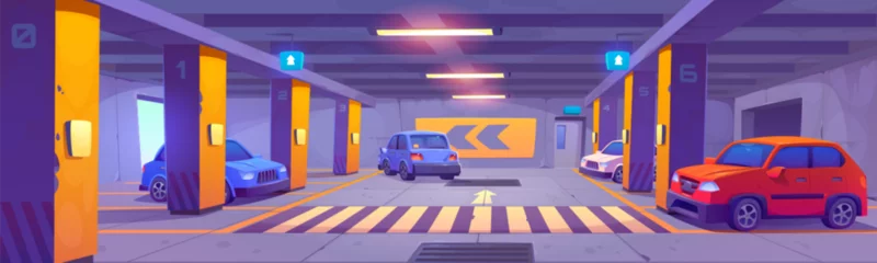 Poster Underground car parking interior with markings, asphalt floor and columns. Cartoon vector illustration of parked automobiles on basement lot. Public garage area with light and direction arrows. © klyaksun