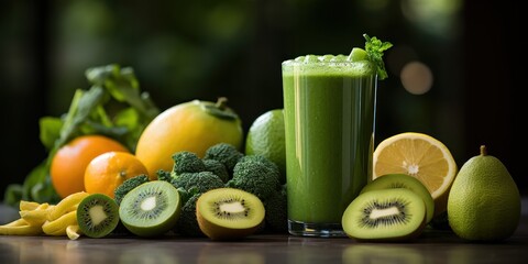 Healthy ingredients in a green smoothie, symbolizing healthy eating.