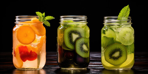 Jars with kiwi and orange water, refreshing and hydrating.