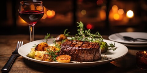 Steak dinner with red wine ready in a warm, cozy restaurant - obrazy, fototapety, plakaty
