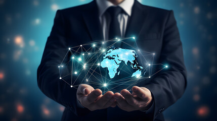 businessman holding Global network connection. Big data analytics and business intelligence concept. World map point and line composition concept of global business.Digital link tech. Generative Ai. - Powered by Adobe
