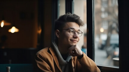 A handsome man sitting happily looking out of the window in a cafe. - obrazy, fototapety, plakaty