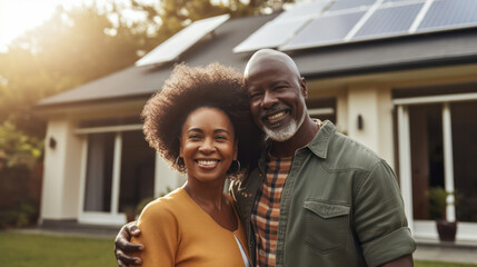 A happy black couple stands smiling in the driveway of a large house with solar panels installed